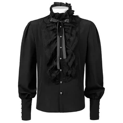 Fashion Retro Men's Gothic Shirts And Blouses Victorian Medieval Ruffle Pirate Puff Sleeve Solid Black Tops Shirt Man Clothing