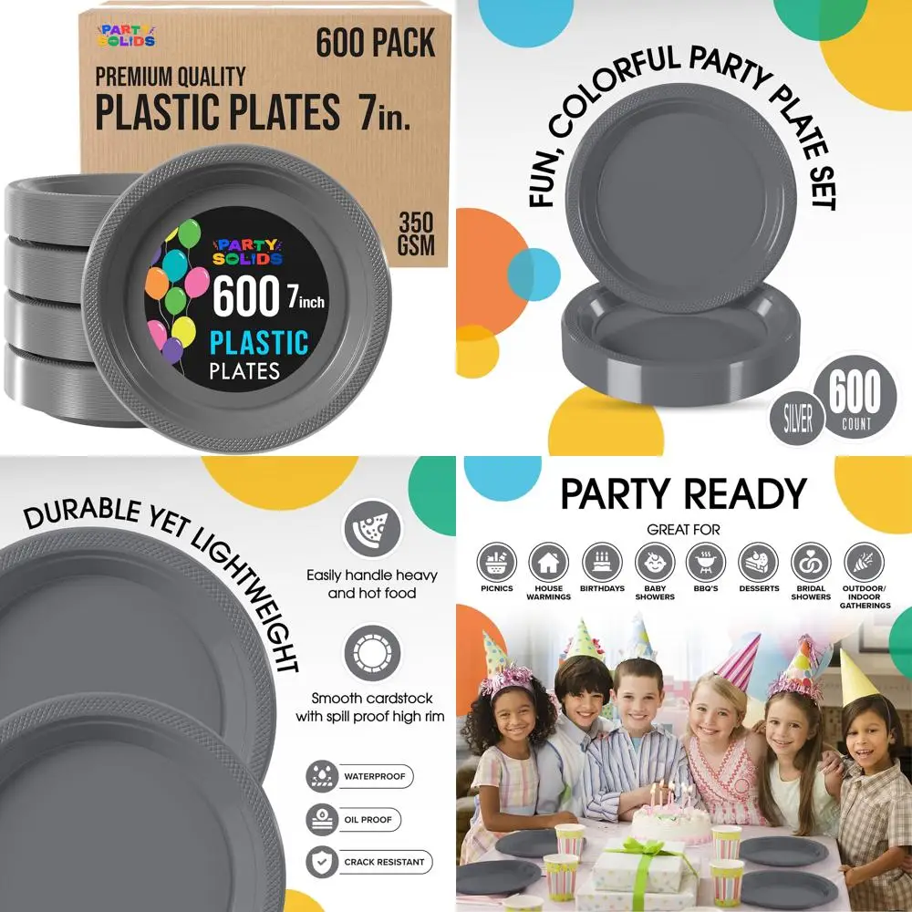 

Массовые серебряные пластиковые обеденные тарелки, 7-дюймовые одноразовые тарелки для вечеринок, сверхпрочное серебро на 600 штук для торжеств