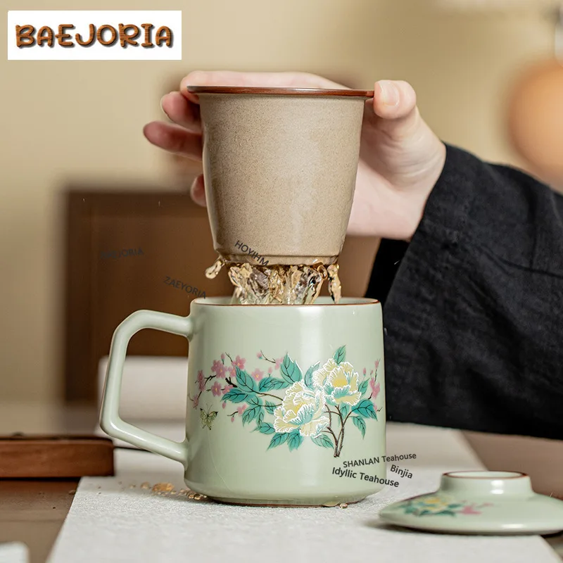 BAEJORIA 400ml Exquisite Pea Green Ru Kiln Porcelain Work Office Mug Hibiscus Mutabilis Filter Tea Separator Cup Cups Gift Box