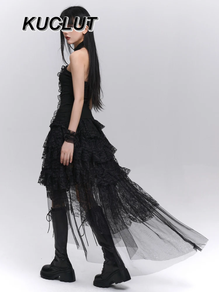 Menina renda preta fofo bolo aniversário cintura alta saia casual subcultura gótica estilo punk saias de comprimento médio para mulheres verão