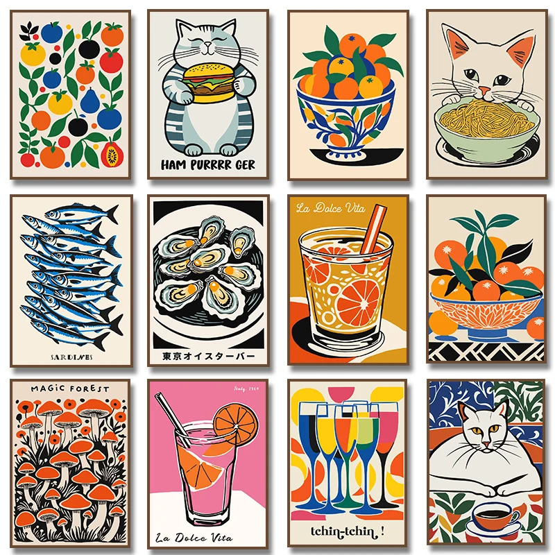1pc frameless Canvas Painting Vintage Fruit Basket Mushrooms Oysters Sardines Oranges Cat Noodles Illustration Poster Canvas Pai