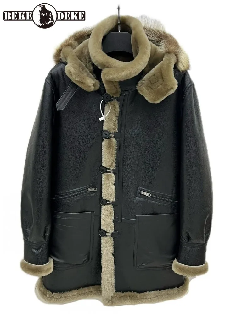 

Business Casual Style Solid Color Genuine Leather Male Hooded Real Fur Fashion Zipper Pocket Long Sleeves Sheepskin Fur Jacket