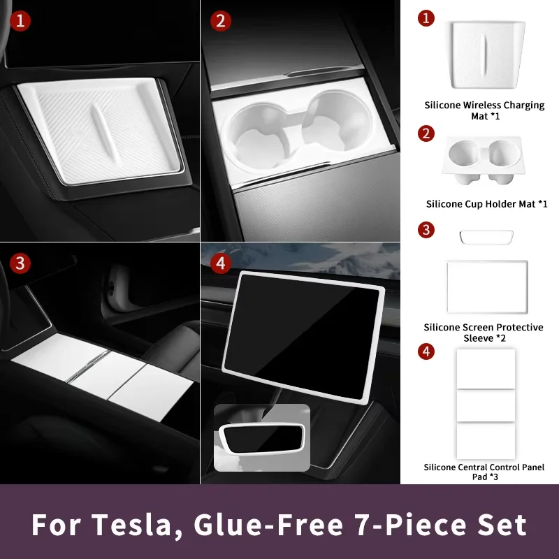 For Tesla Model Y Juniper / Model 3 Highland Silicone Interior 7‑Piece Set Center Console Armrest Box Protective Auto Accessory