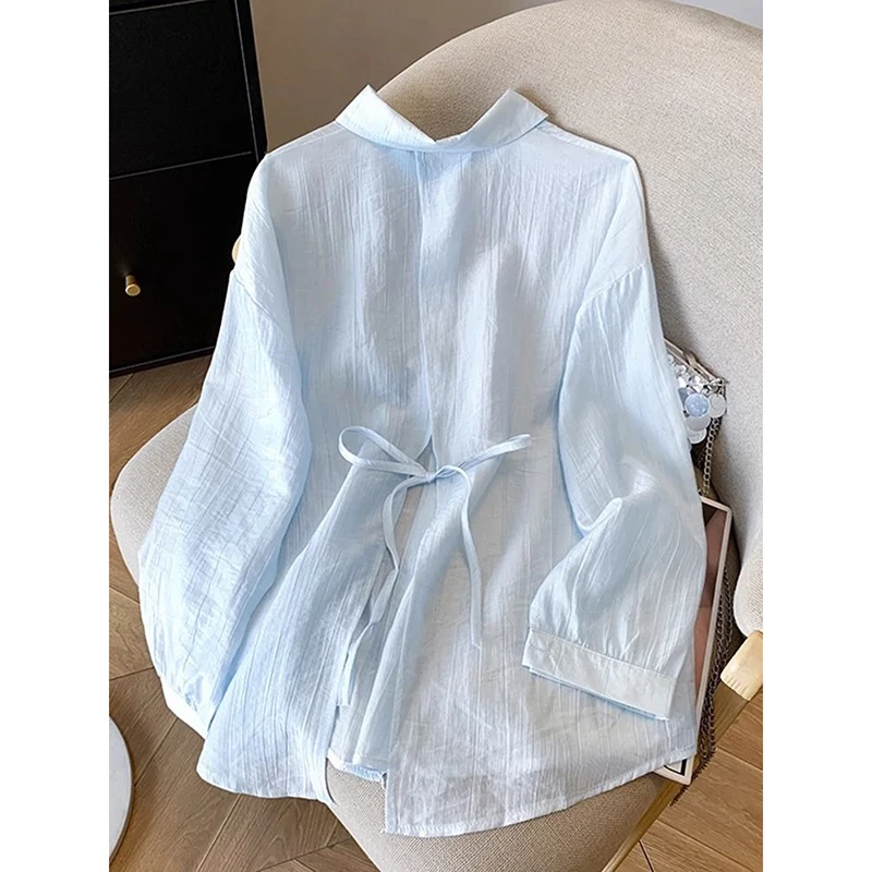 Blue  Collar Long Sleeve Women's Sun Protection Shirt Lightweight Breathable Summer Thin Outerwear with Back Slit And Belt