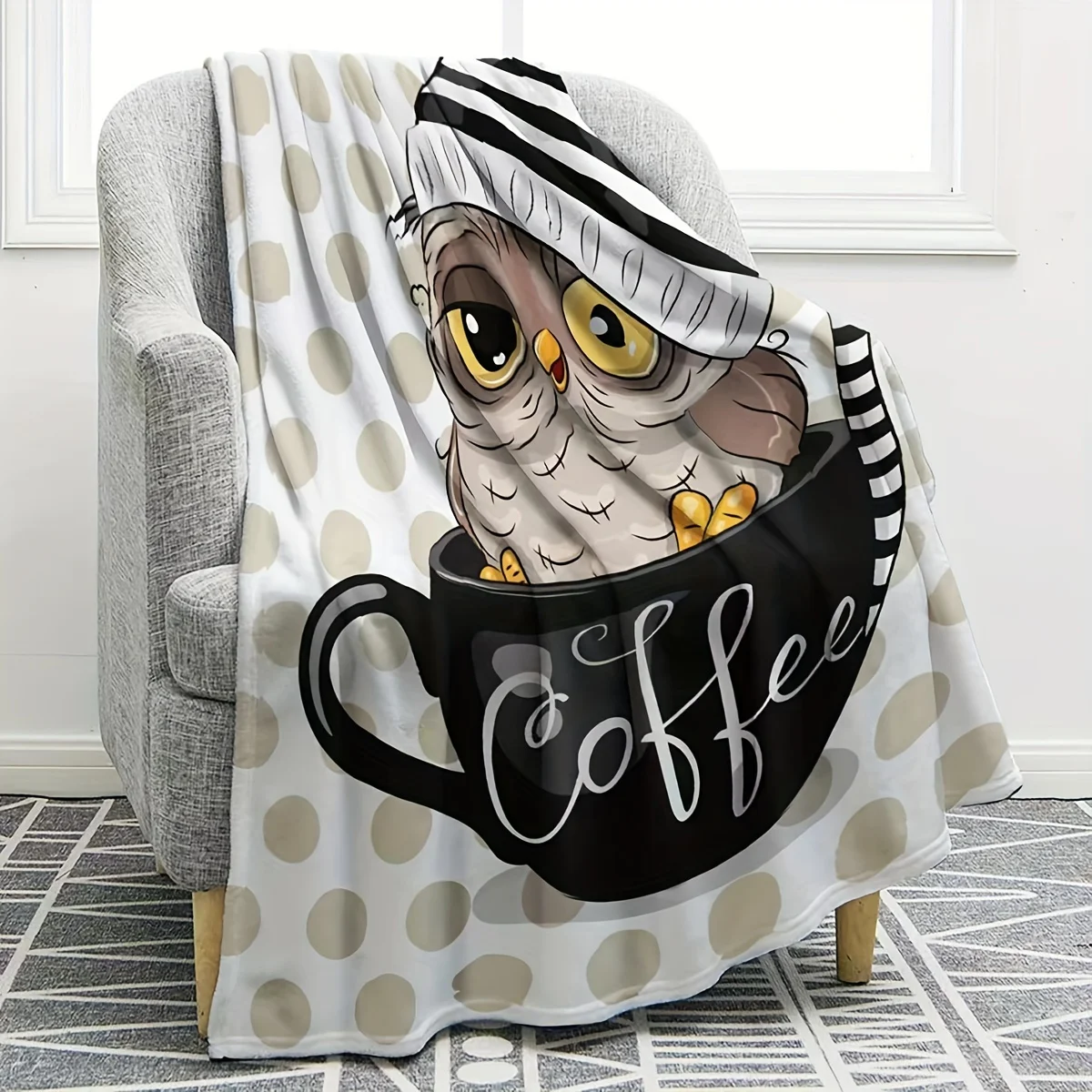 

1pc Coffee Owl Printed Flannel Blanket, Lazy Style Air Conditioning Blanket Lunch Break Blanket Gift Blanket