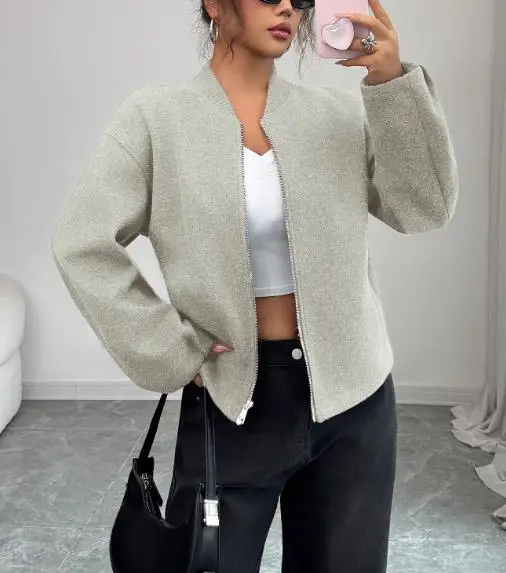

Autumn Elegant High-End Texture Zipper Long Sleeved Women's Jacket Solid Color Round Neck Slim Fit Simple Short Zipper Jacket
