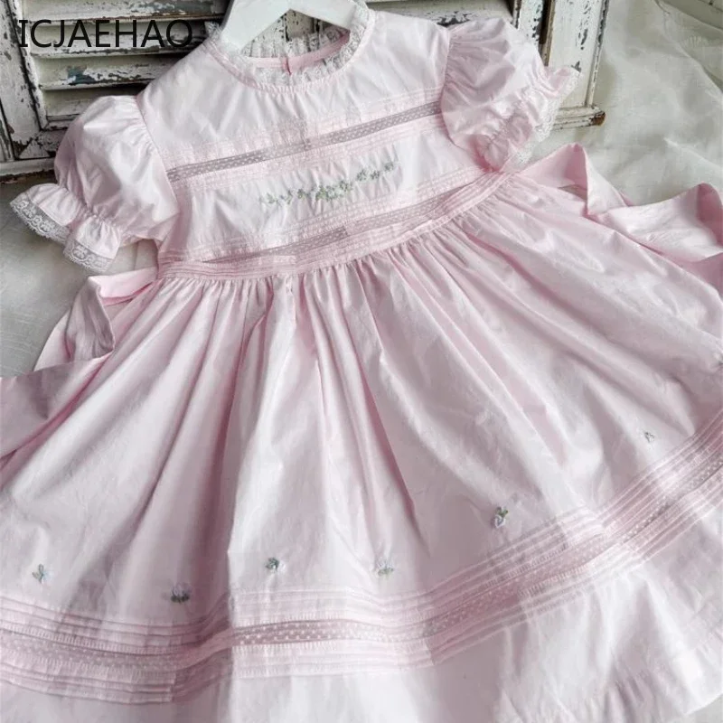 ICJAEHAO 2025 New  A-Line Short Sleeves Girls Dress Children Elegant Frocks Handmade Flowers Embroidered Lace Sweet Smocking