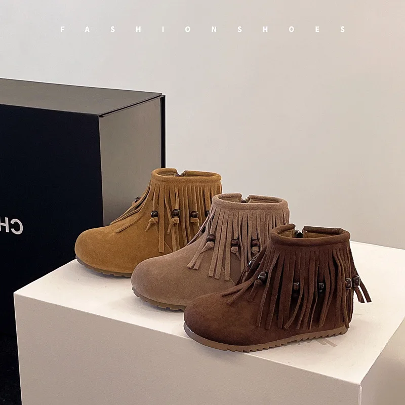 

Fashion Retro Girl Tassel Ankle Boots 2025 Winter New Retro Ethnic Style Kids Denim Boots Comfort Anti Slip Girls' Snow Boots