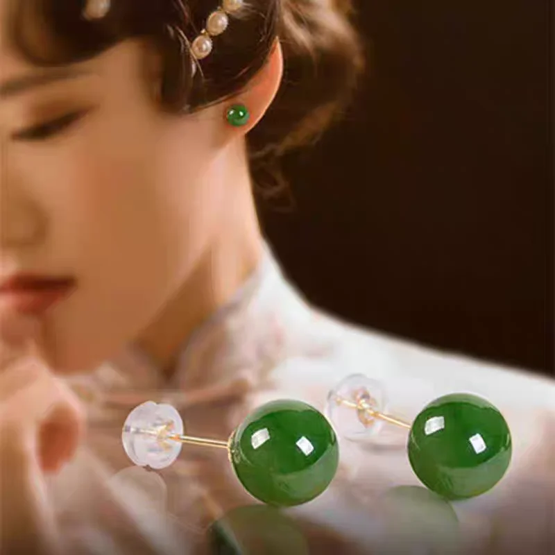 SMILE Real 18K Gold Green Bead Earrings Au750 Gold Hetian Jade Earrings Women's Classic Earrings Boutique Jewelry Gifts E0140