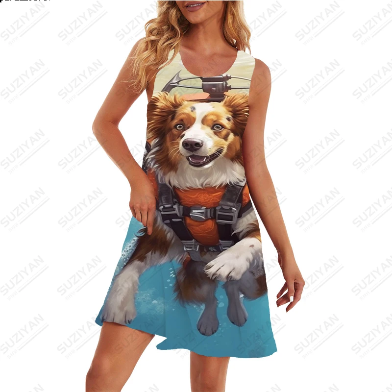 2023 Women New Summer Fashion Dress Casual Regular O-Neck Dress Dog Diving Printing Pattern Dress Sleeveless Dress