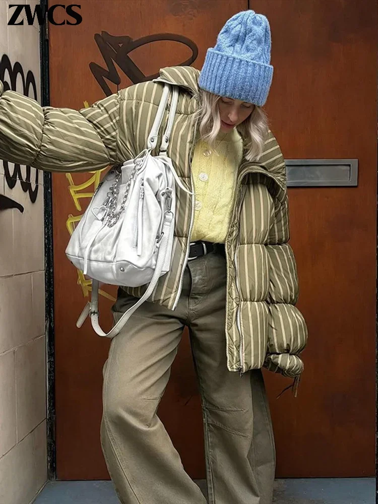 2025 nova senhora quente outwearloose listrado algodão acolchoado casaco feminino inverno zíper lanterna manga rendas turn down collar jaqueta