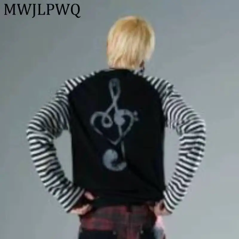 MWJLPWQ Unique Striped Raglan Long Sleeve T-Shirt Men Hip-Hop Trendy Ins Casual Crew Neck Loose Tops For Spring Autumn 17238