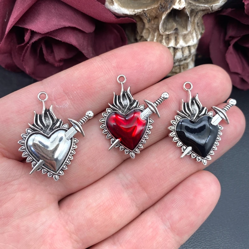 6pcs Flame Sacred Heart Sword Charm  Enamel Thorns Sacred Heart Pendant Designer Charms Fit Jewelry Making DIY Jewelry Findings