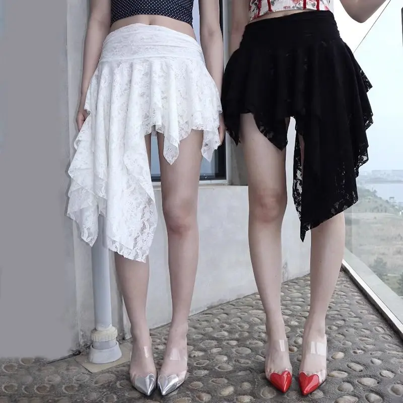 Gothic Grunge Irregular Layering Lace Mini Skirt Women Y2k Asymmetrical Ruffle Skirt Harajuku Design Streetwear Pleated Skirts