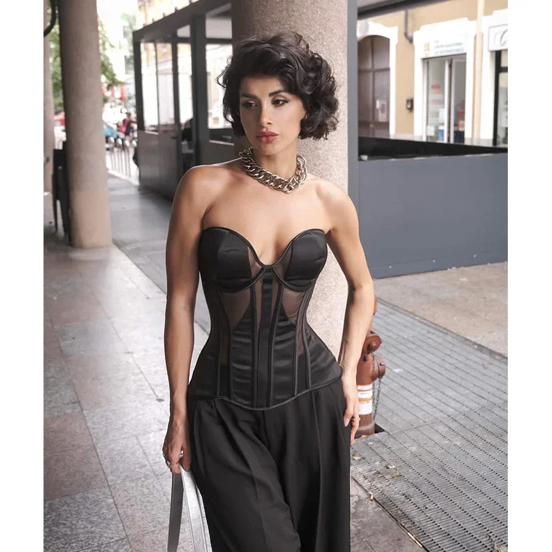 

Steel Bone Women Sexy Breathable Mesh Bra Corset Gothic Slim Streetwear See Through Overbust Bustier Top