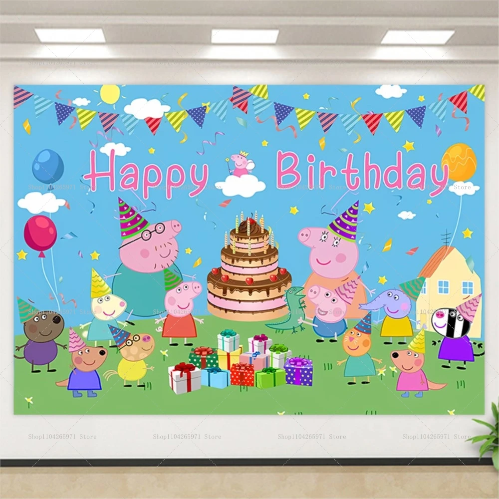 Fondo de Cumpleaños de Peppa Pig para Niños, Dibujos Animados de la Familia Pig, Feliz Cumpleaños, Baby Shower, Niños y Niñas, Decoración para Fotos, Pancarta
