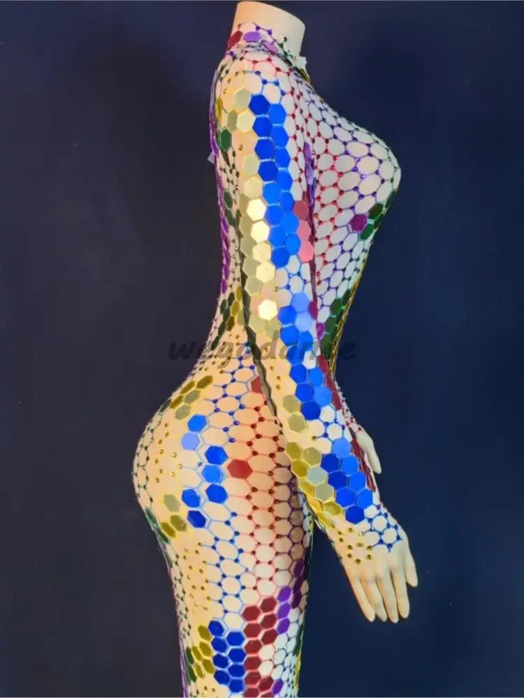 Party Model Mesh Colorful Mirrors Rhinestones Wrap Hip Long Dress Performance Costume For Woman