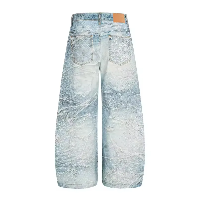 Printed Heat-melting Rhinestone Ink Splash Starlight Men's Jeans Blue American Style Streetwear Denim Scimitar Pants