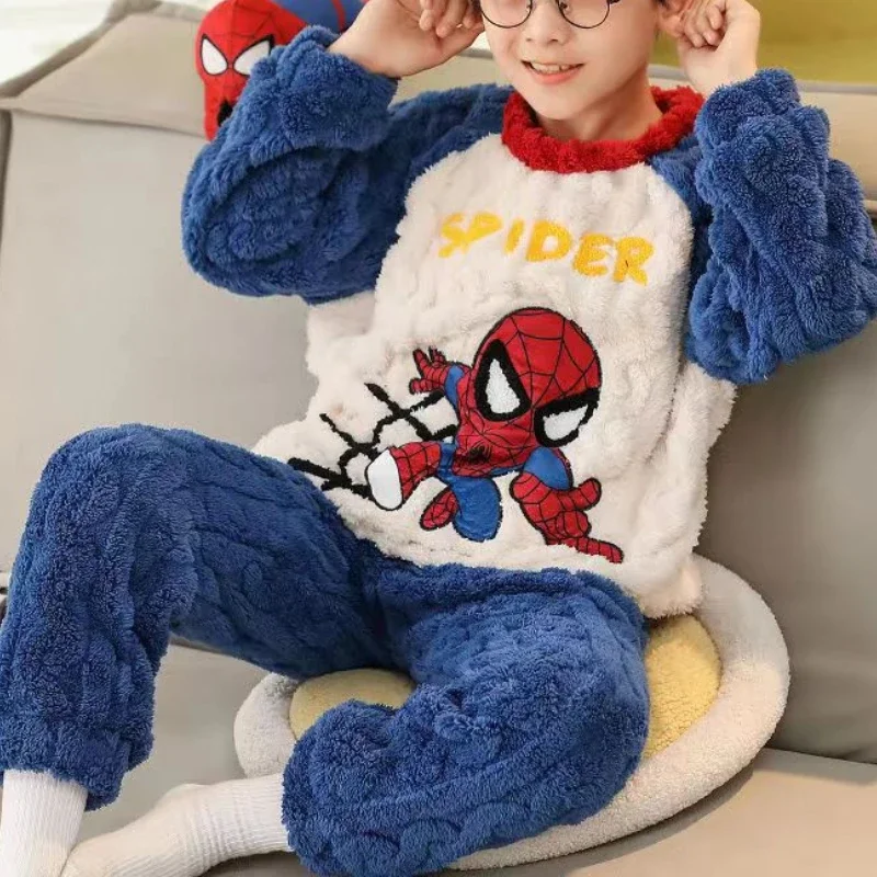 Winter Cartoon Children Clothing Boys Sleepwear Set Flannel Thick Long Sleeve Warm Set Pajamas Two Pieces Kids Clothes Superhero