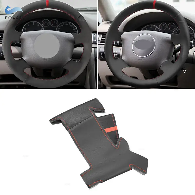 For Audi A2 (8Z) 1999-2005 A3 (8L) Sportback A4 (B5 B6) A6 (C5) A8 (D2) S4 Hand-stitched Car Steering Wheel Cover Leather Trim