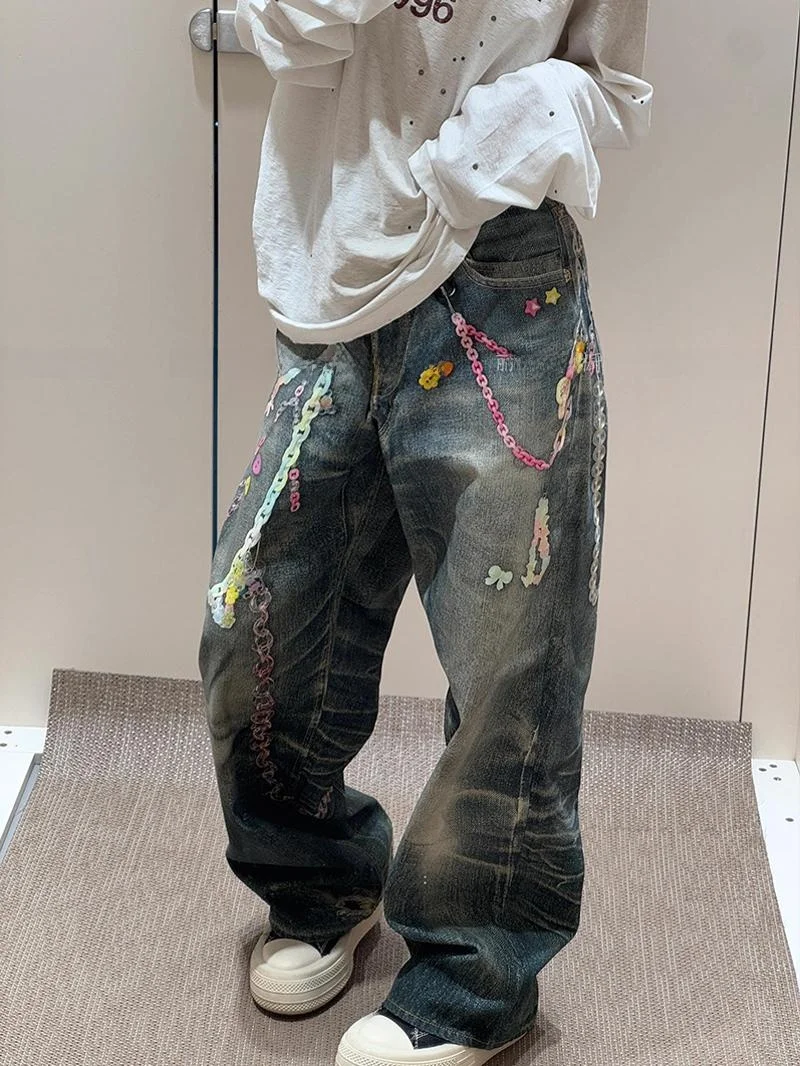 

Американские джинсы в стиле хип-хоп с принтом, женские, ультрапрочные, с высокой талией, длинные леггинсы, однотонные, из денима