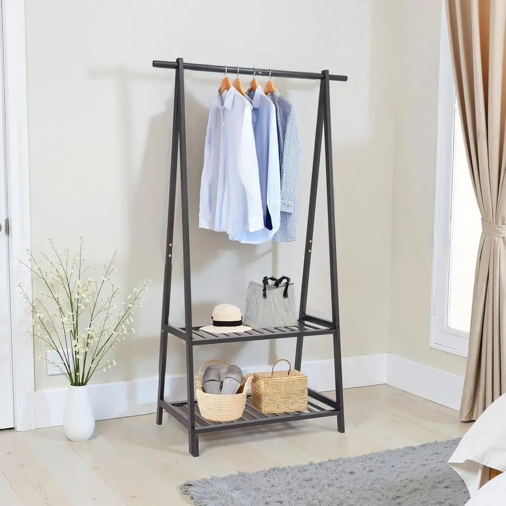 Extra Large Portable Bamboo Garment Rack with 2-Tier Storage Boxes for Home Entryway and Bedroom (Black)