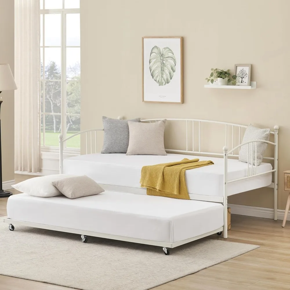 

Twin Daybed with Trundle, Metal Twins Size Daybed with Pullout Trundle 6 Casters, Steel Slat Support Sofa Bed for Living Room