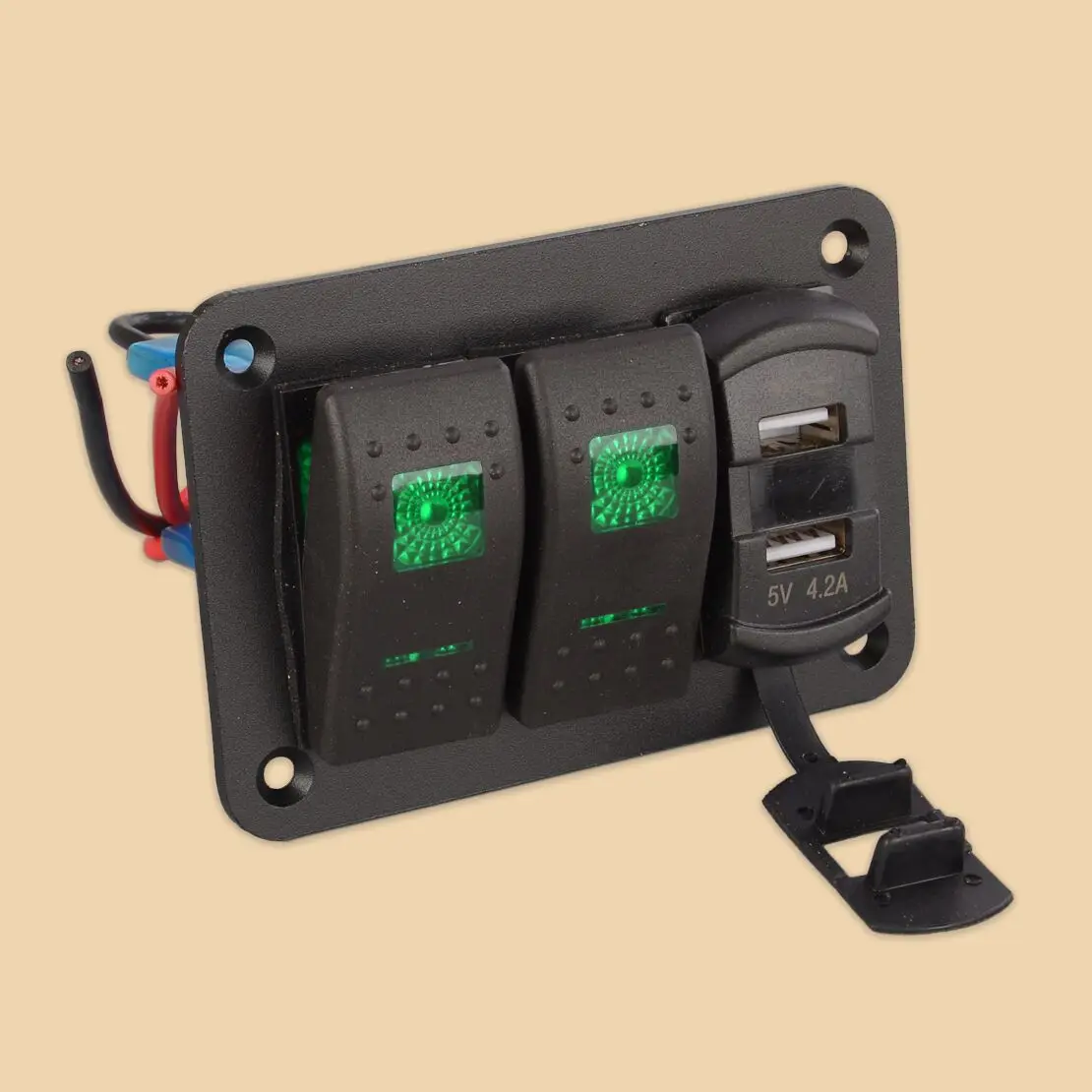 

2 Gang Rocker ON-OFF Toggle Switch Panel with Voltmeter Dual Charger USB Port Fit for RV Car Truck Marine Boat Green LED