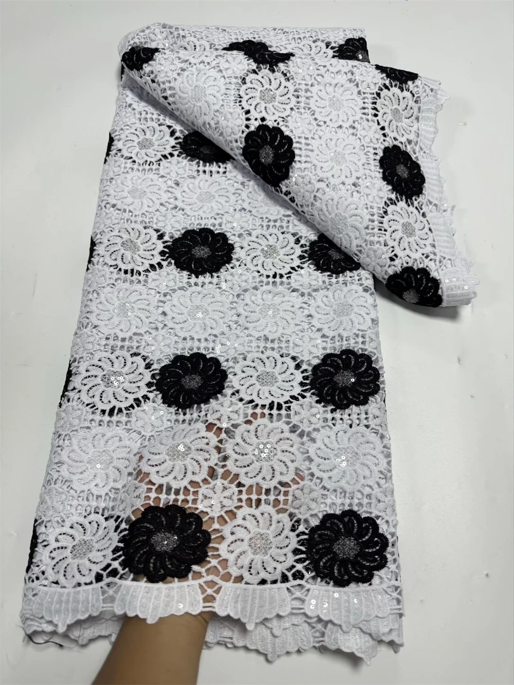 

Шнур, кружево, вышивка, африканское кружево с блестками, женское платье, гипюровое кружево белого и черного цвета, 5 ярдов