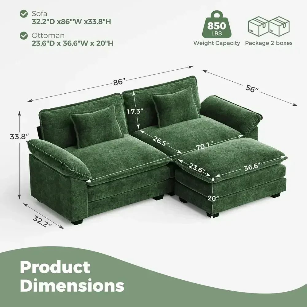 L-Shaped Cloud Sofa with Ottoman, 3-Seater Deep Chenille Couch, Green Living Room Furniture