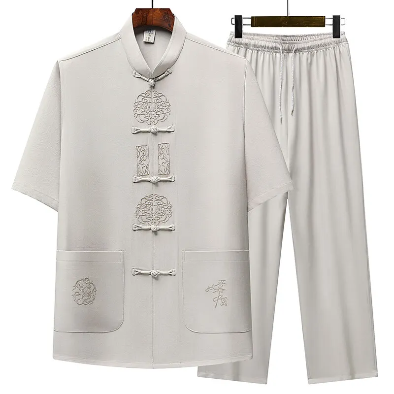 

Summer Male Print Chinese style Long sleeves shirts trouser 100% Cotton linen Sportswear Men's Casual Sets Shirts + Pants