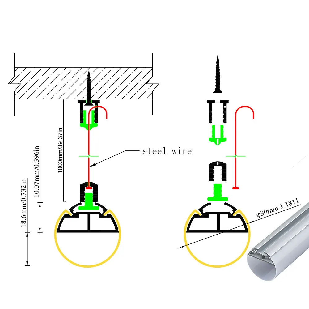 (1 szt.) 0.5m okrągły profil aluminiowy led o średnicy 30mm z matowym pokryciem na wiszące oświetlenie led w kuchni pomieszczenie biurowe pokoju