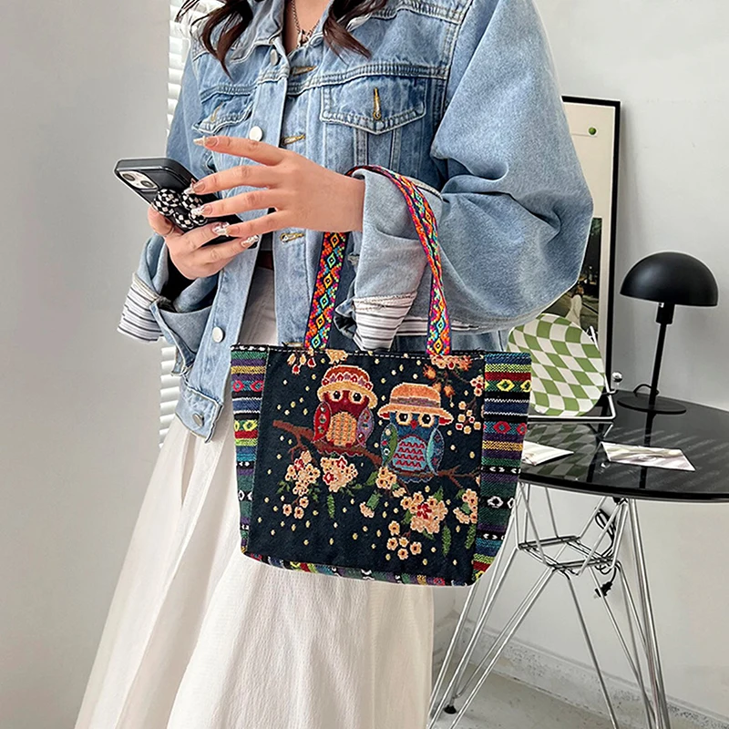 Animal Ethnic Style Handbag Trendy Elephant Embroidery Handbag Owl Canvas Women Shoulder Bags Women Tote Bag