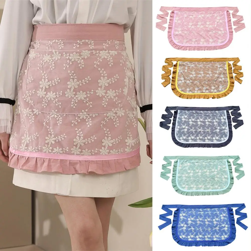 with 2 Pockets  Creative Lace Embroidered Short Apron Party Maid Costume Cotton Waist Apron Adjustable   for Dinning Room