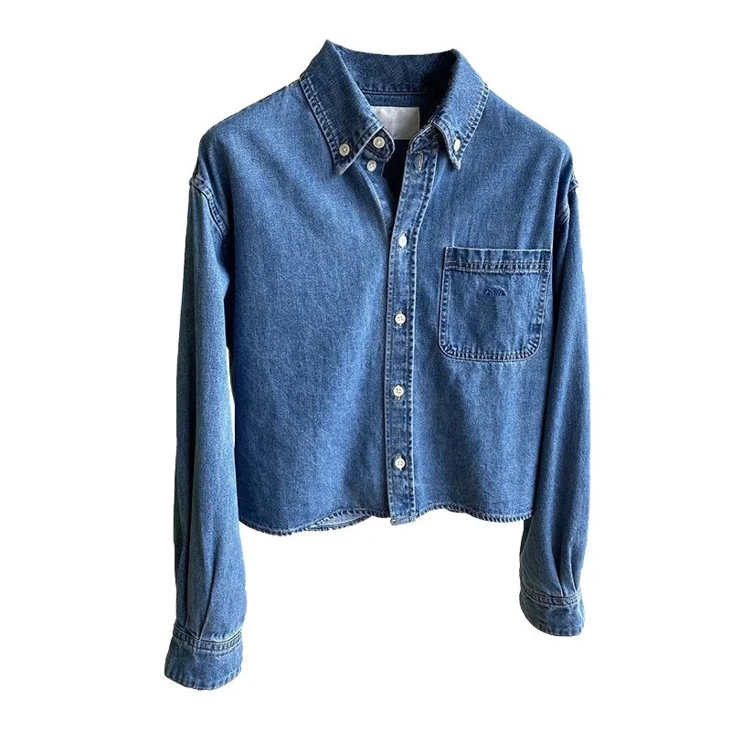 Women Denim Shirt Short Top Washed Single Breasted Turn Down Collar Y2k Pockets Streetwear Work 2025 Autumn Vintage Overshirt