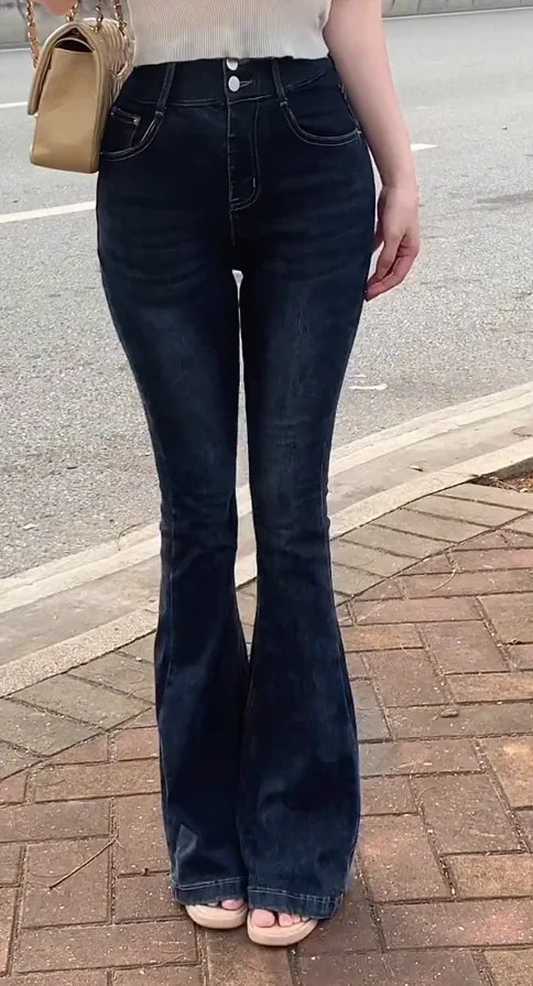 

Fashionable High Waist Stretchy Micro Flare Jeans Long Legs Inner Pad Stylish All Match Summer Double Buckle Long Pants