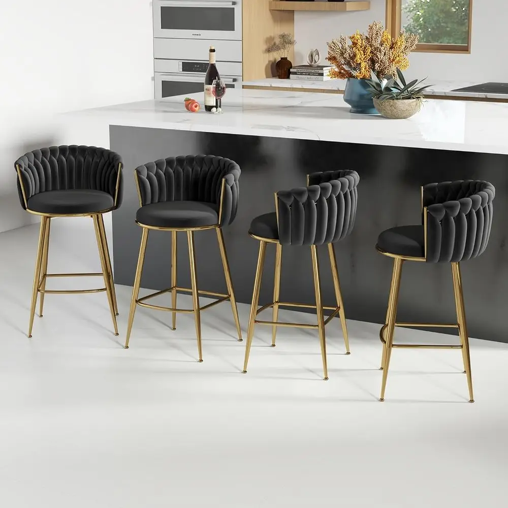 

Set of 4 Velvet Upholstered Bar Stools, 27 Seat Height, Metal Legs, Black Luxury Kitchen Counter Stools