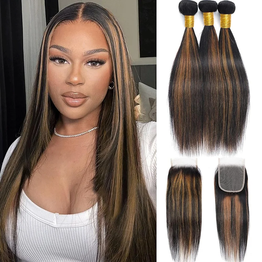 Highlight Human Hair Bundles with 4x4 Closure 12A Straight Bundles Human Hair Weft With Closure 100% Burmese Remy Hair Extension