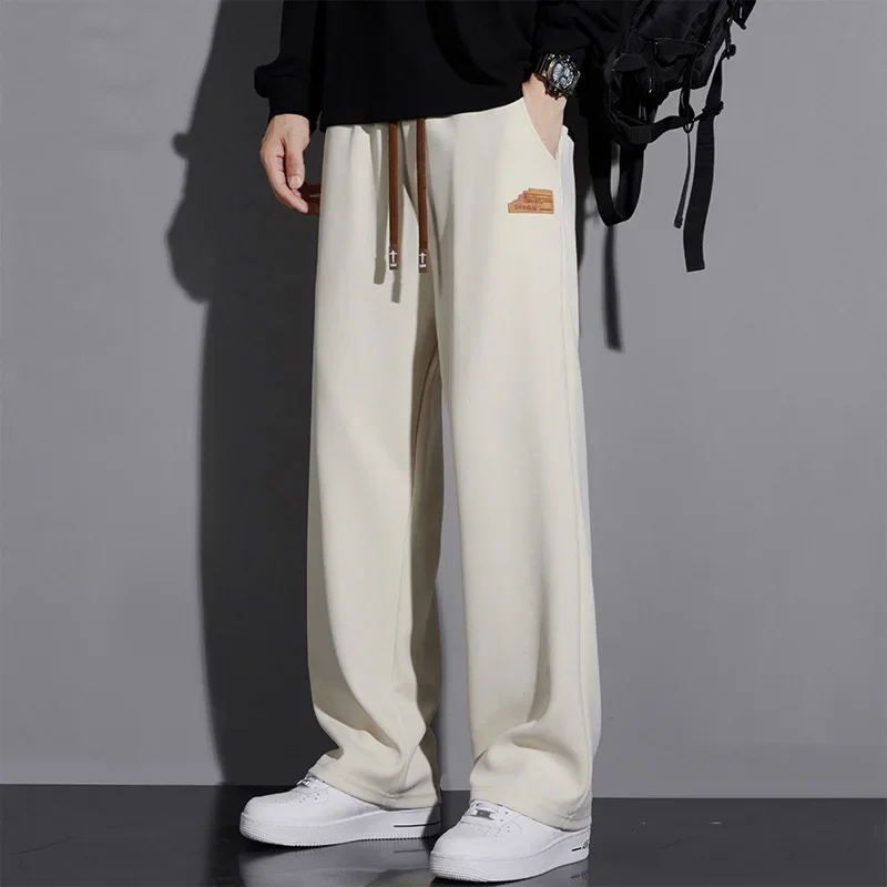 

Мужские весенне-осенние модные тонкие брюки, свободные прямые широкие брюки, мужские спортивные дышащие повседневные брюки на шнурке