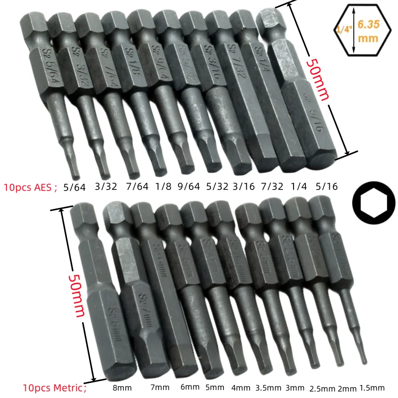 10 Pcs SAE/Metric Hex Head Allen Wrench Drill Bit Set 1/4\