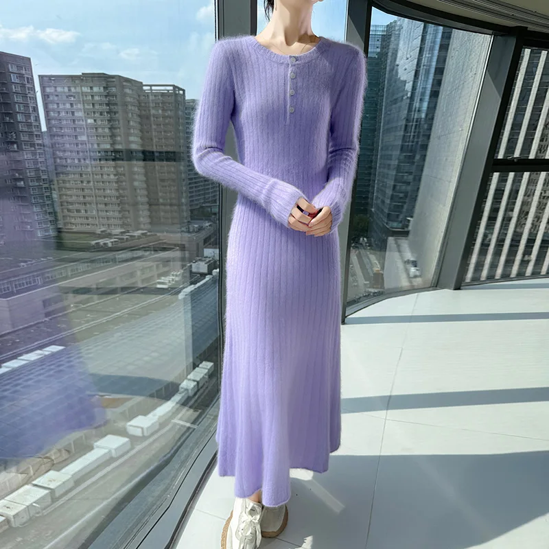 

Новинка 2023 года, осенне-зимний тонкий пуловер из норковой шерсти, свитер, длинная юбка, женственное вязаное платье, женское