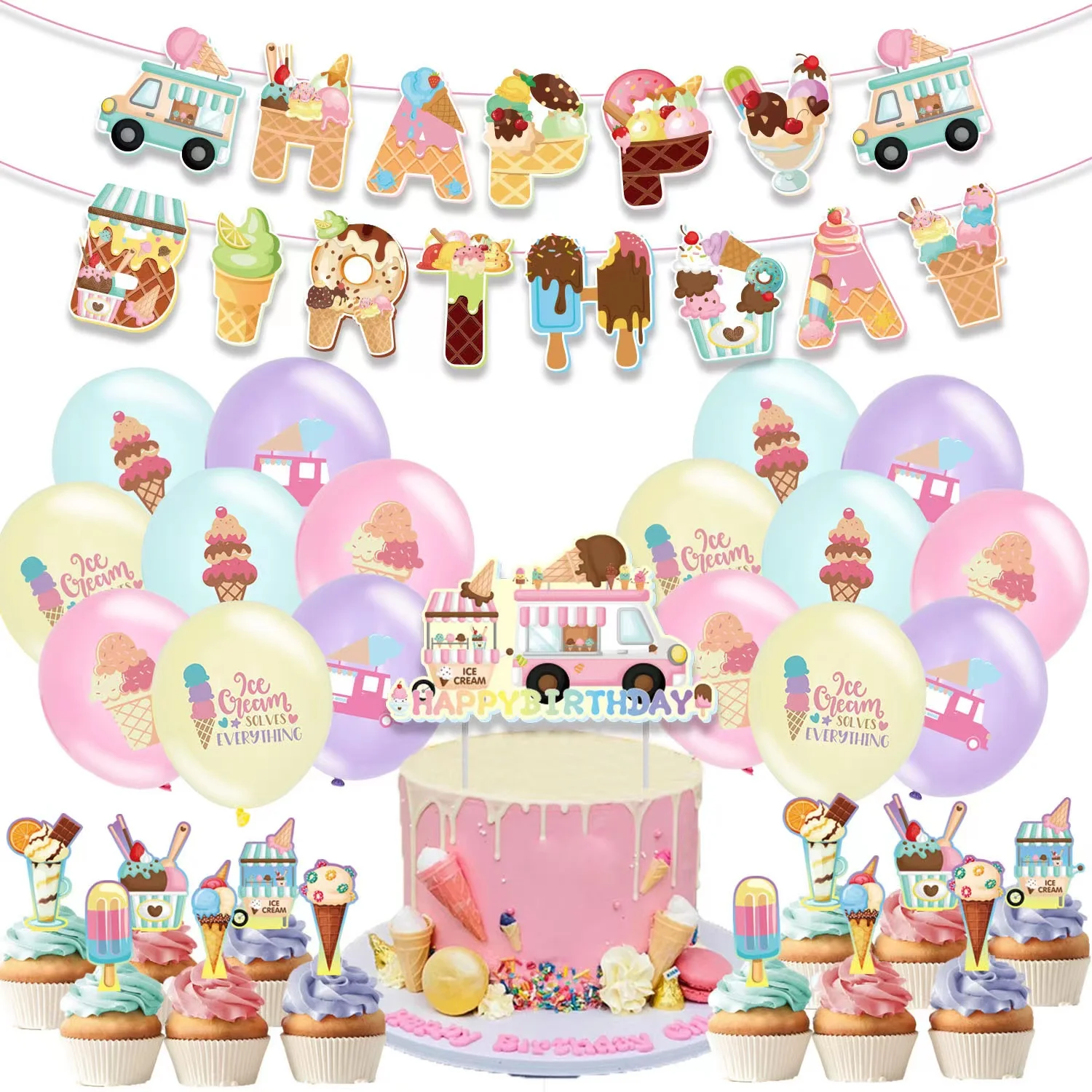 Ice Cream Cartoon Theme Party Arrangement Popsicle Birthday Pull Flag Latex Balloon Cake Insert Card Summer Party Decoration