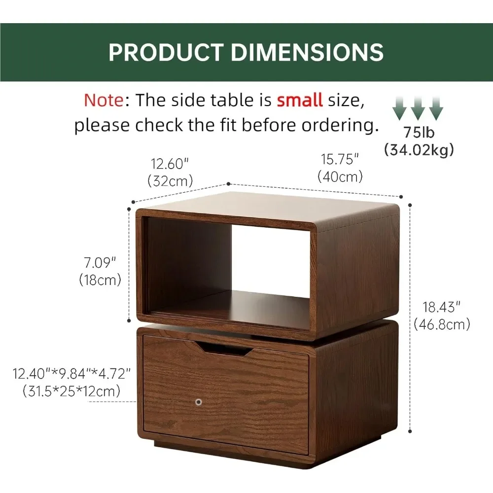 360° Rotatable Solid Oak Nightstand, Mid Century Modern Nightstand with Drawer, Small Swivel Side Table for Small Spaces