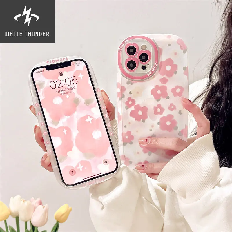 For iphone 11 12 13 Pro Max XR Xs Max Phone Case Love Hole Protect Lens Pink Flowers Sweet Cute Silicone Soft Anti-drop Cover