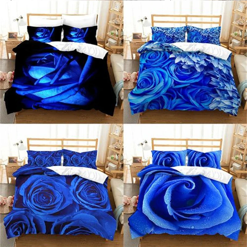 

3D Romantic Blue Rose Duvet Cover with Pillow Cover Bedding Set Single Double Twin Full Queen King for Bedroom Decor Floral Bed