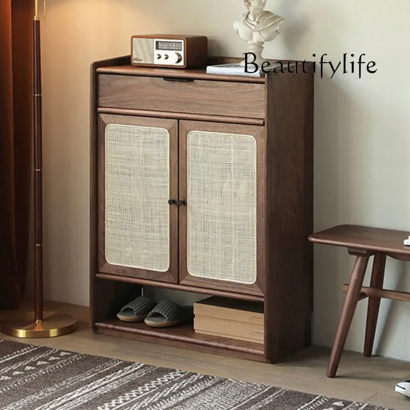 

Nordic solid wood shoe cabinet small apartment simple locker foyer entrance cabinet rattan door cabinet