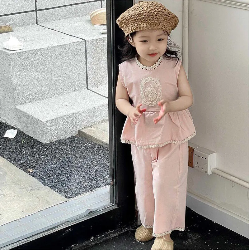 MILANCEL New Summer Kids Clothes Set Girls Sweet Lace Loose Comfortable Suit Children Lovely Sleeveless Top 2PCS