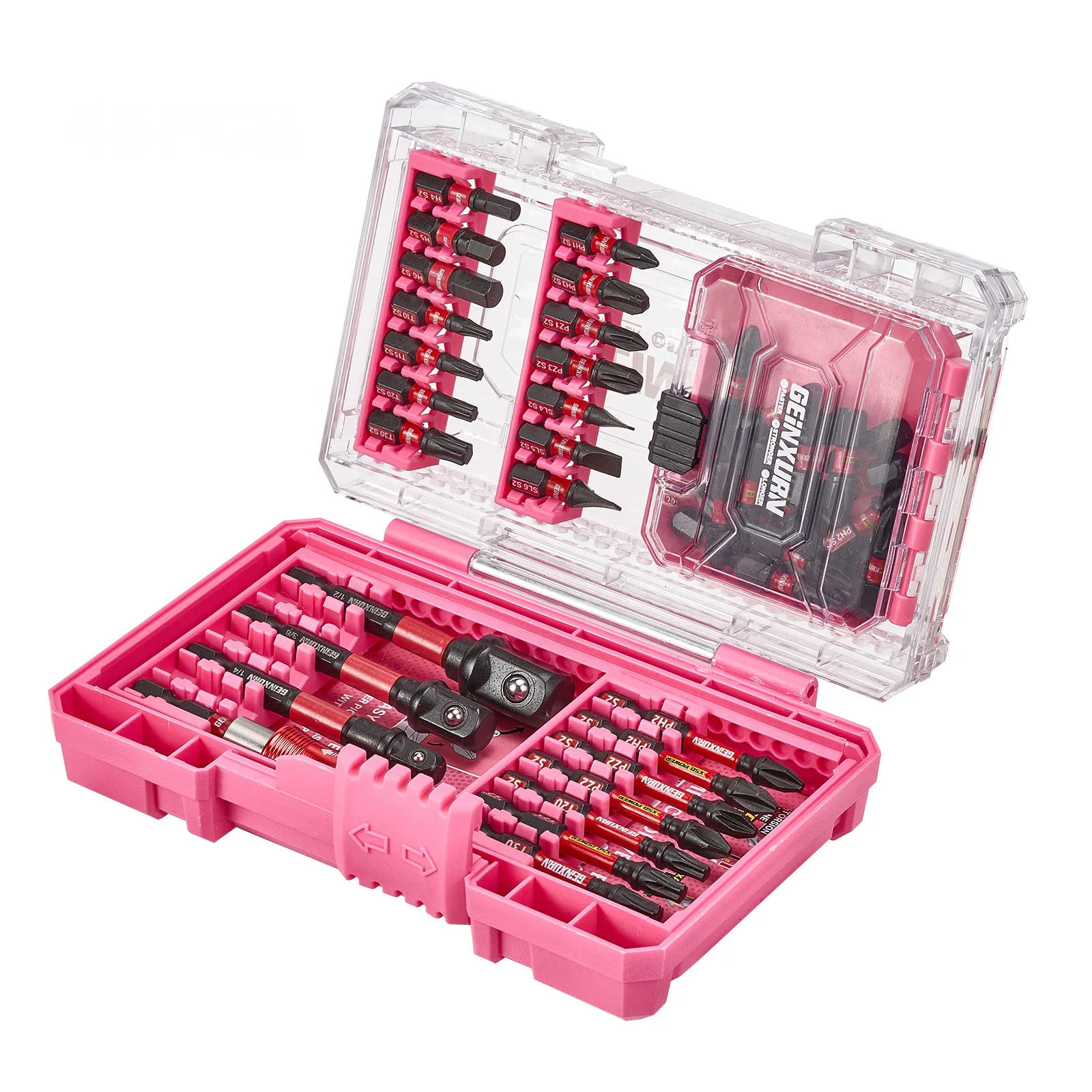 

Geinxurn 45PCS Impact Screwdriver Bit Set with Case（Pink),S2 Steel Bit Set,1''/ 2" Long Impact bits for Screwdriving Application