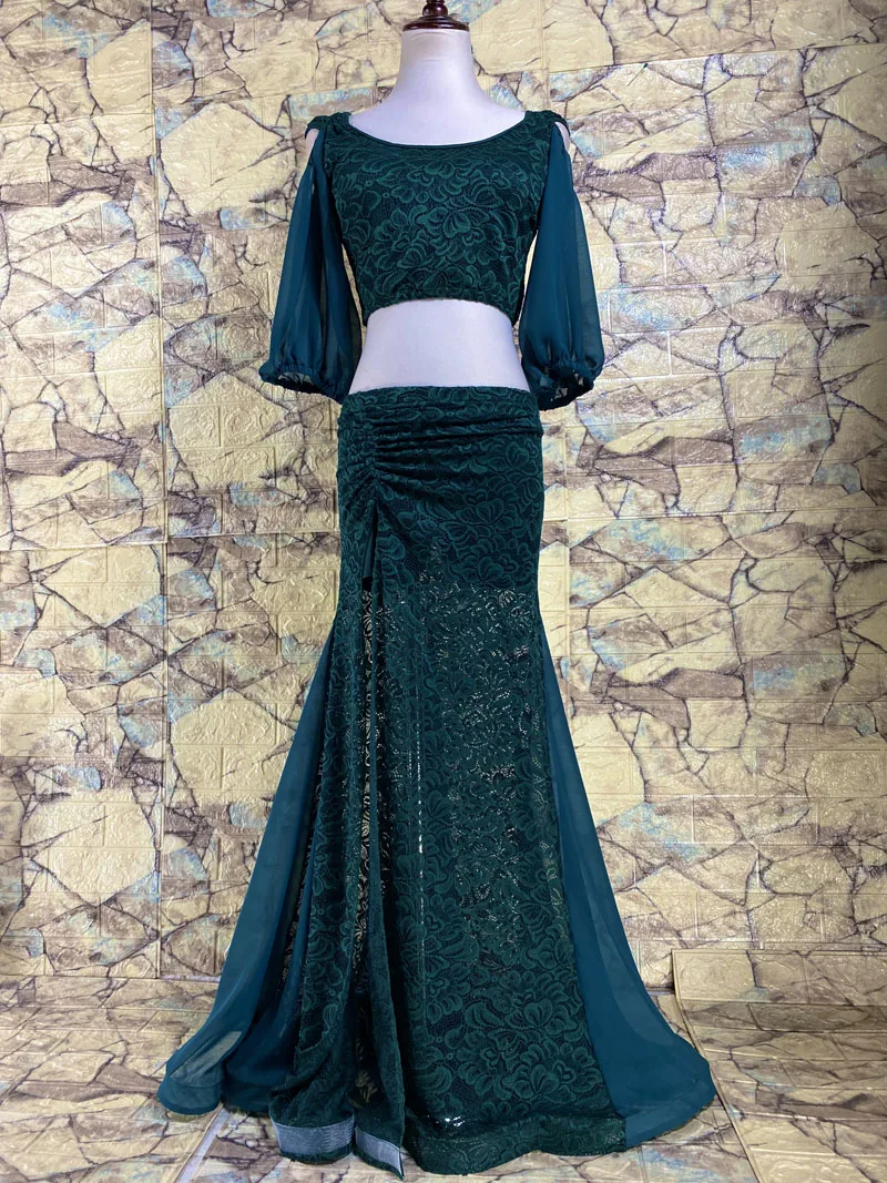 Belly Dance Practice Training Clothes Cut out Lace Splicing Top Skirt Set Women Oriental Indian Dancing Beginners Stage Wear
