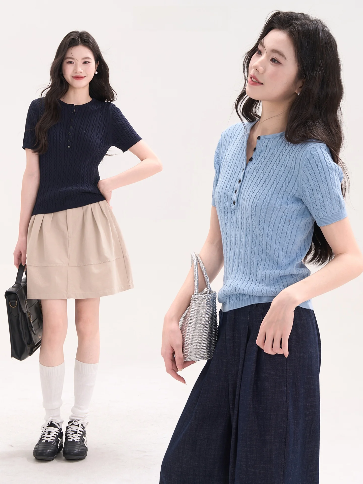 

Heme Knitted ort Sve round Ne Twist Cotton Top Women's Spring Summer Casual Sle Slim Fit Casual Faion Window